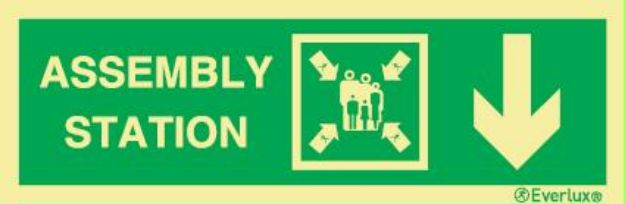 Safety sign Direction assembly station (down from here) with text - 300x100mm